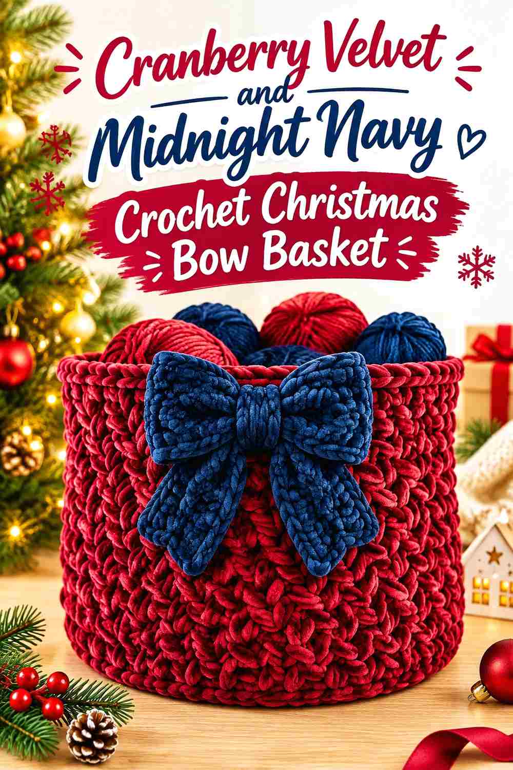 9. Cranberry Velvet And Midnight Navy Crochet Christmas Bow Basket