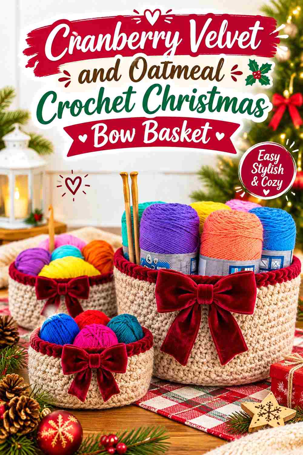 5. Cranberry Velvet And Oatmeal Crochet Christmas Bow Basket