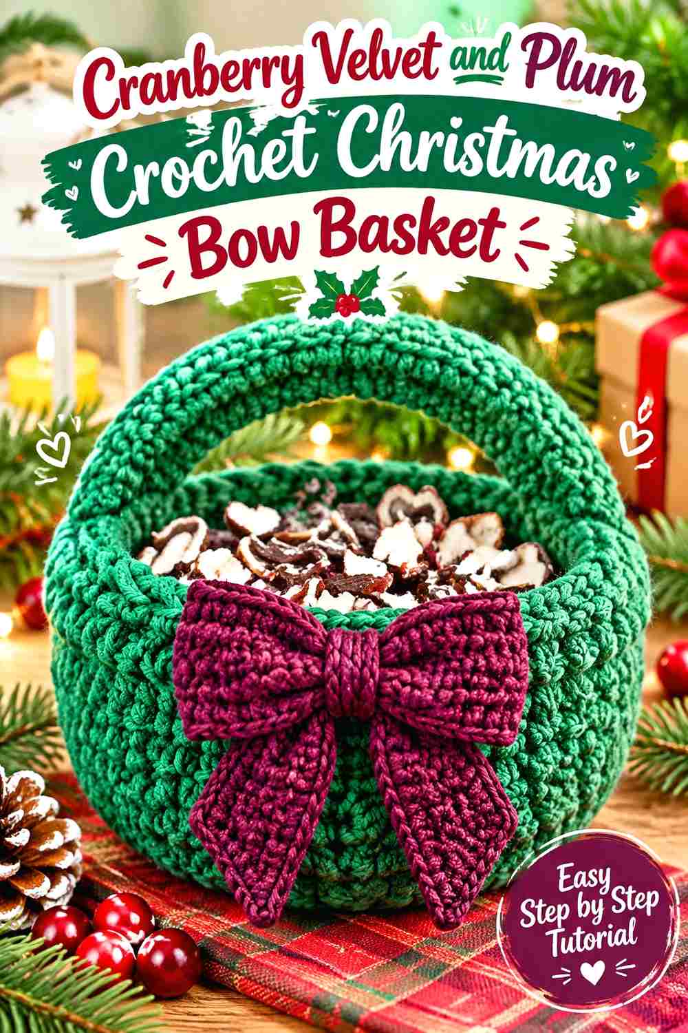 13. Cranberry Velvet And Plum Crochet Christmas Bow Basket