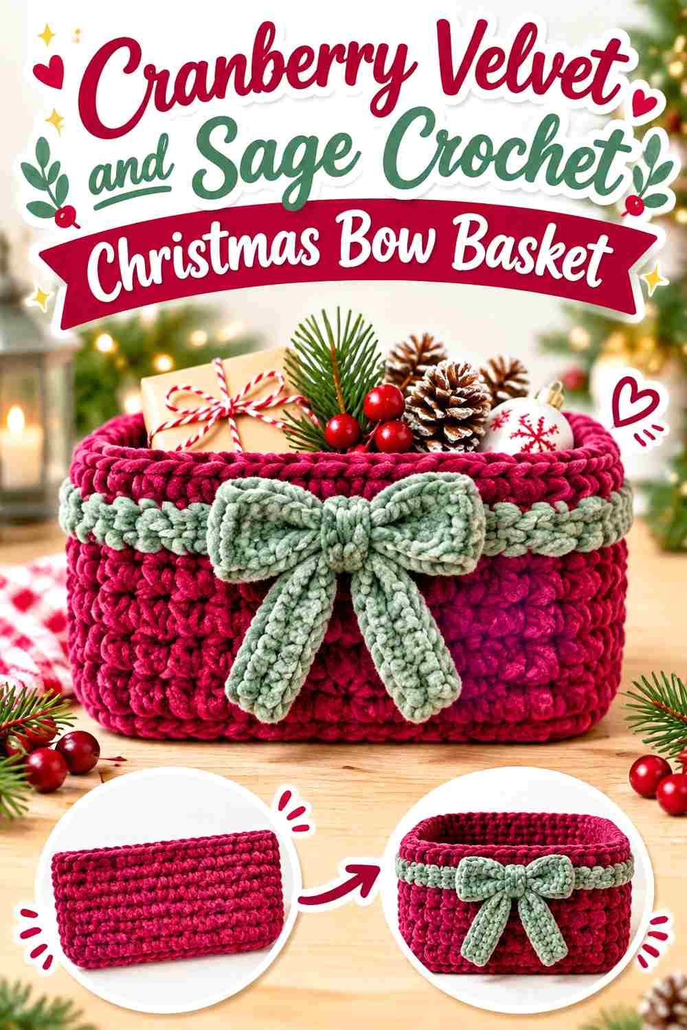 10. Cranberry Velvet And Sage Crochet Christmas Bow Basket