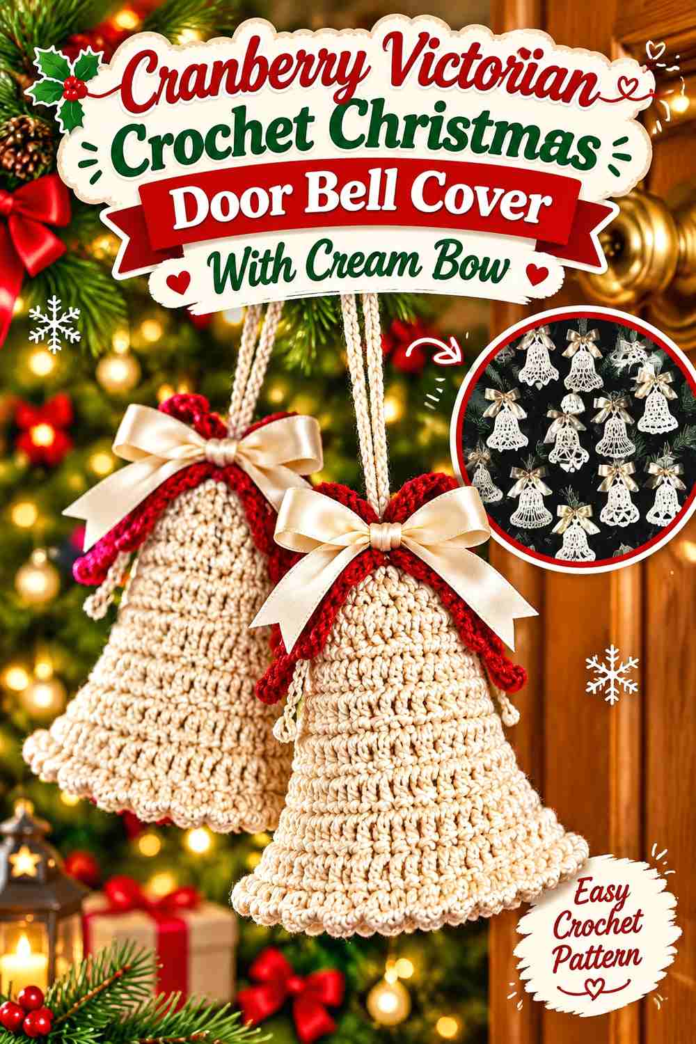 7. Cranberry Victorian Crochet Christmas Door Bell Cover With Cream Bow