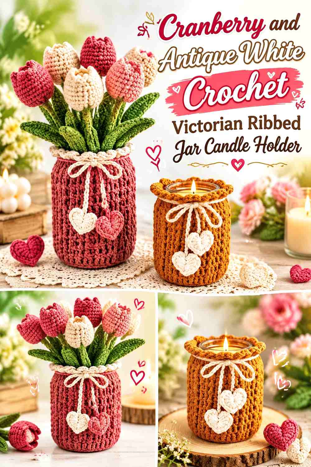 Cranberry and Antique White Crochet Victorian Ribbed Jar Candle Holder