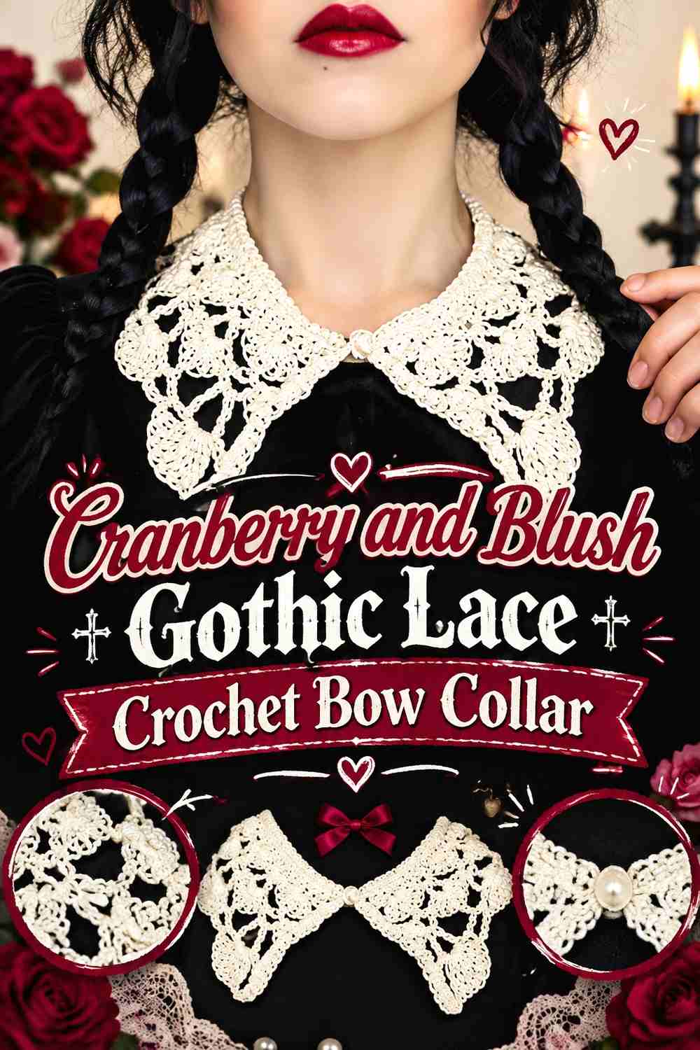 9. Cranberry And Blush Gothic Lace Crochet Bow Collar