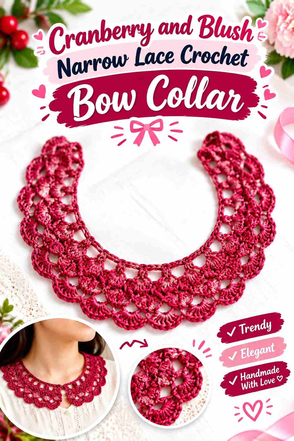 6. Cranberry And Blush Narrow Lace Crochet Bow Collar