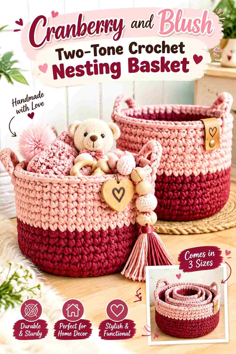 15. Cranberry And Blush Two Tone Crochet Nesting Basket