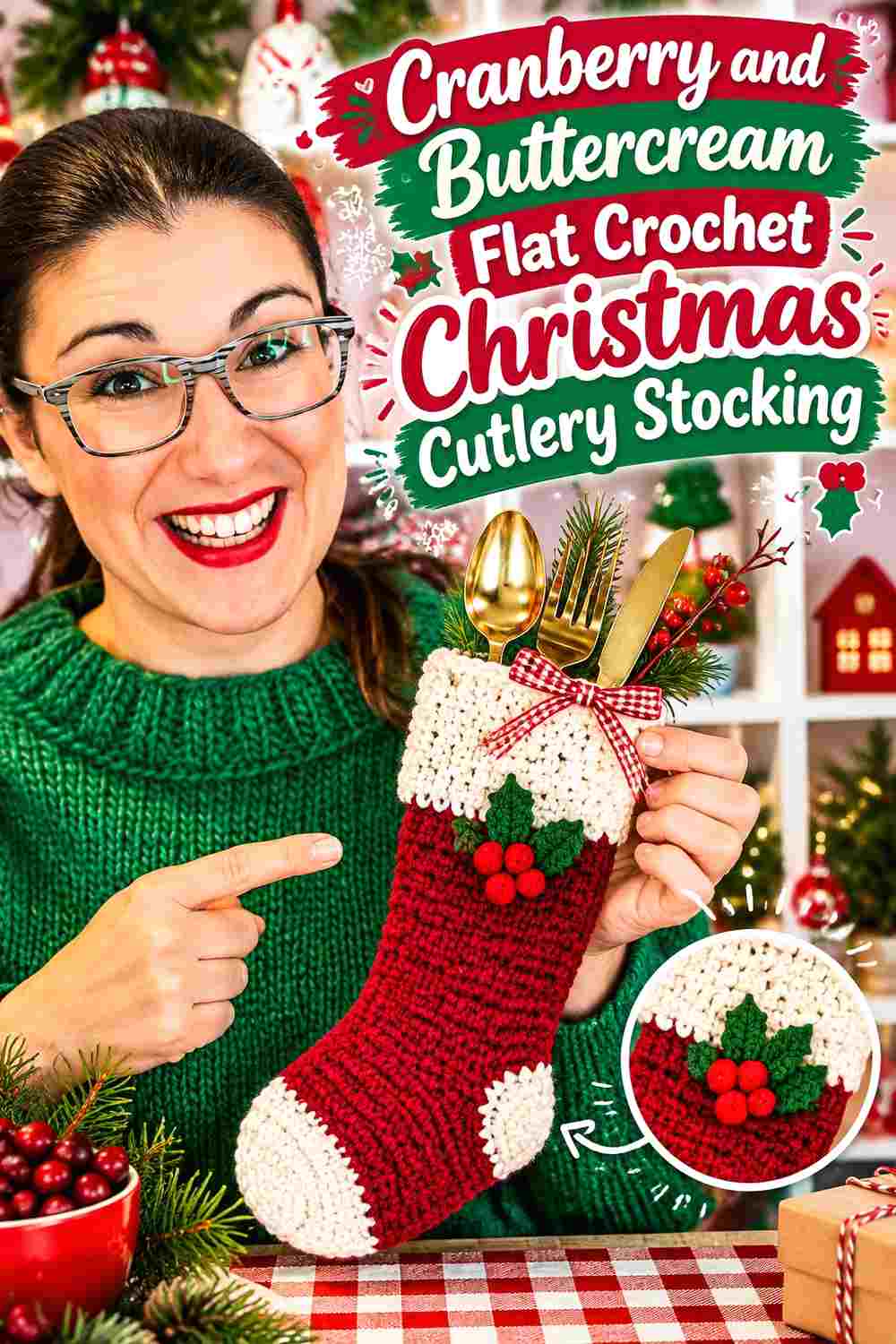 3. Cranberry And Buttercream Flat Crochet Christmas Cutlery Stocking