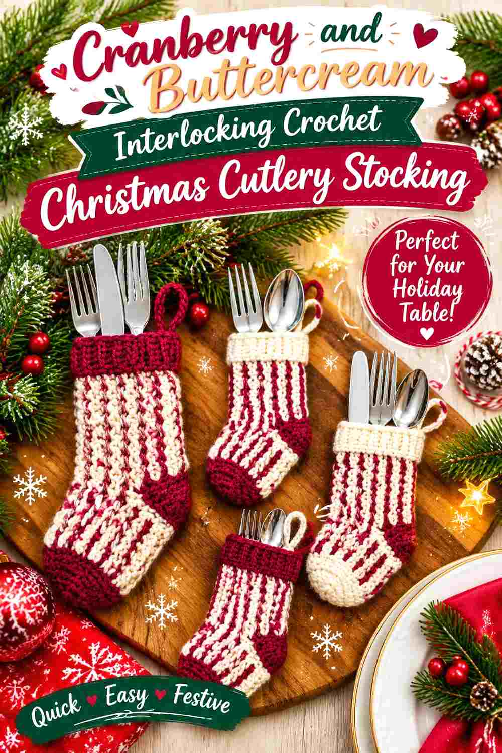 10. Cranberry And Buttercream Interlocking Crochet Christmas Cutlery Stocking