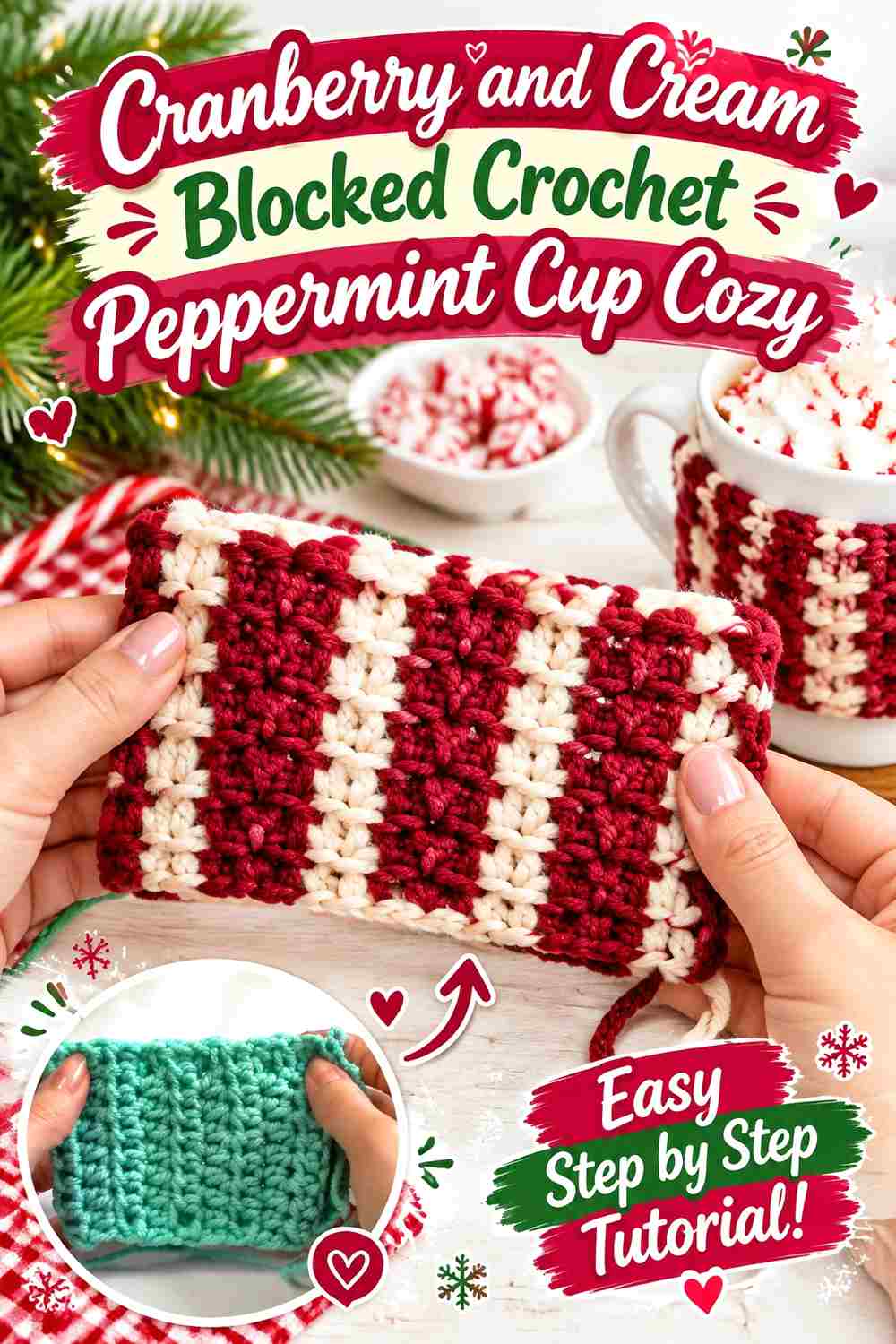 12. Cranberry And Cream Blocked Crochet Peppermint Cup Cozy