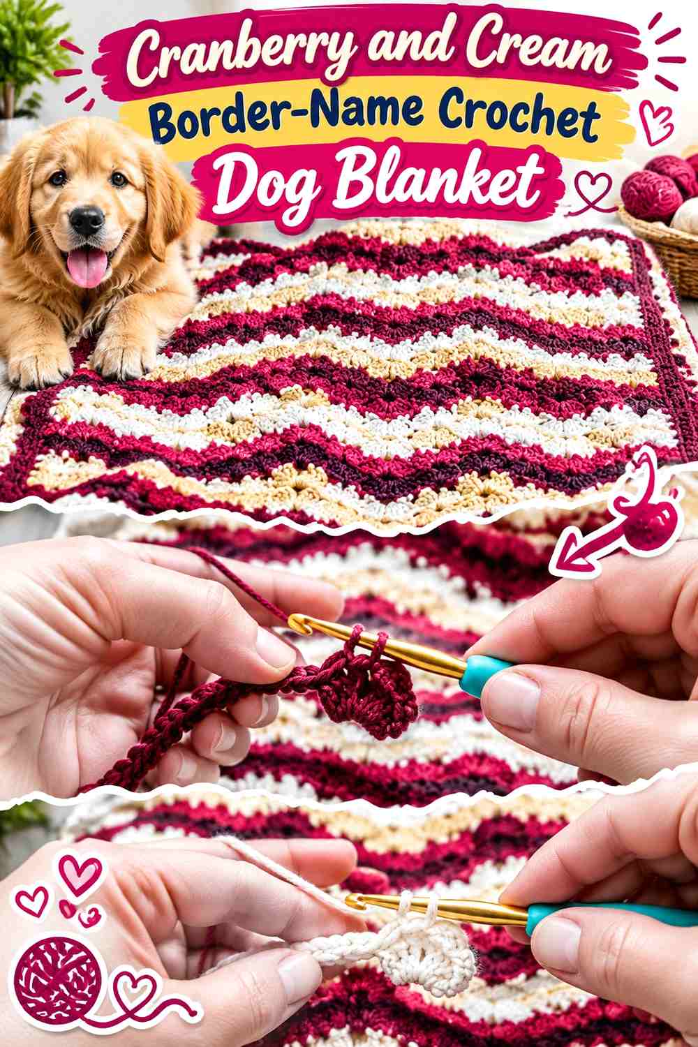 Cranberry and Cream Border-Name Crochet Dog Blanket