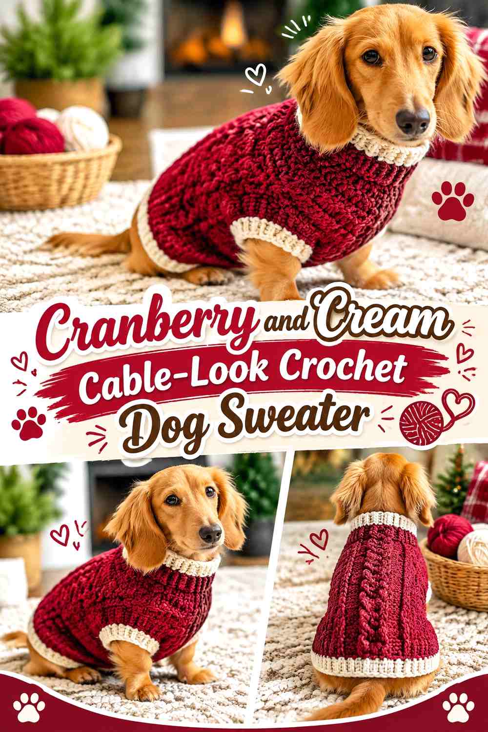 Cranberry and Cream Cable-Look Crochet Dog Sweater