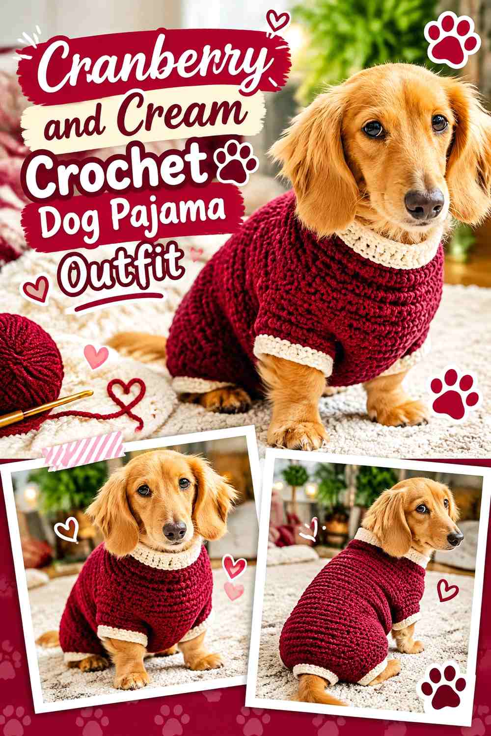 Cranberry and Cream Crochet Dog Pajama Outfit