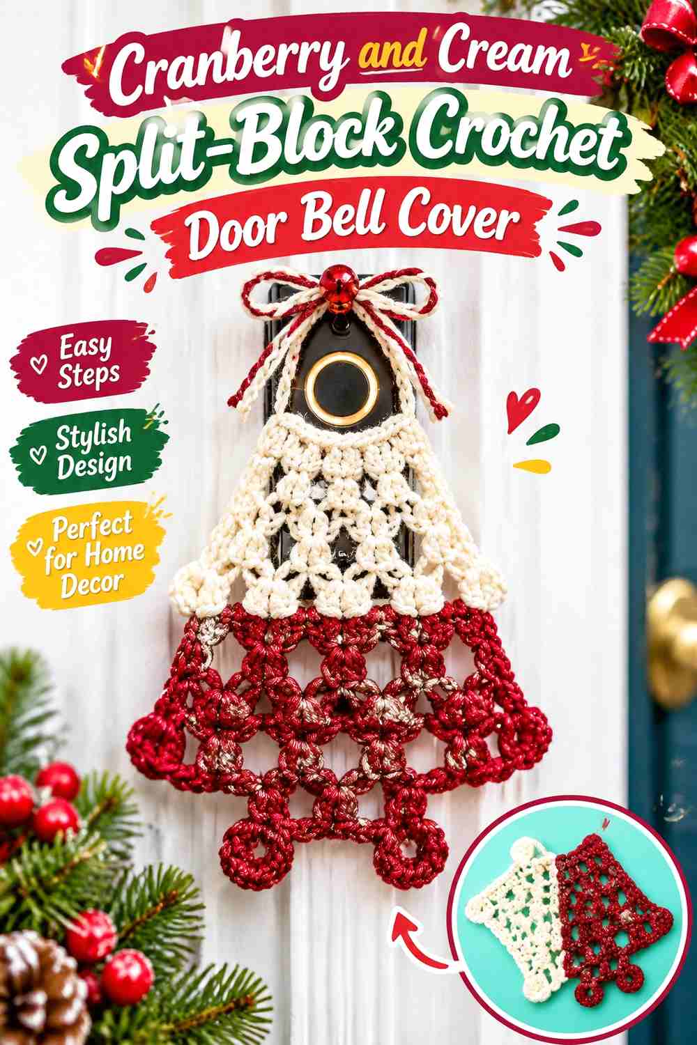 3. Cranberry And Cream Split Block Crochet Door Bell Cover