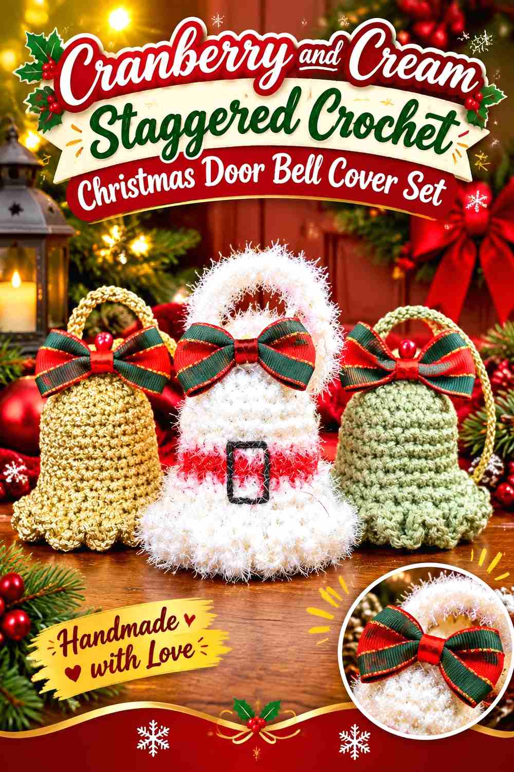 13. Cranberry And Cream Staggered Crochet Christmas Door Bell Cover Set