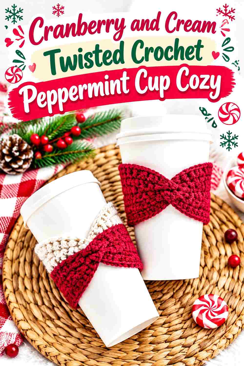 4. Cranberry And Cream Twisted Crochet Peppermint Cup Cozy