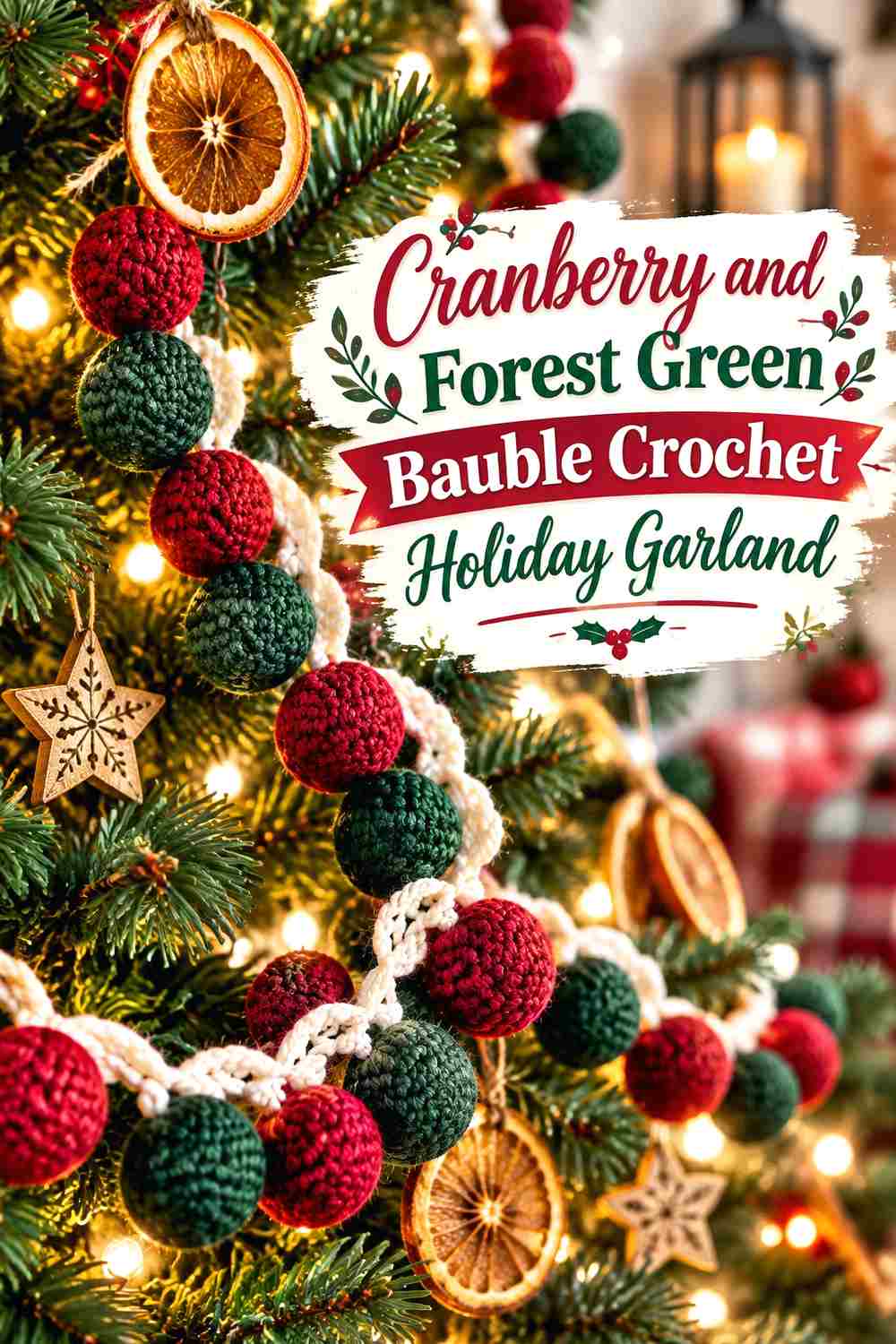 4. Cranberry And Forest Green Bauble Crochet Holiday Garland
