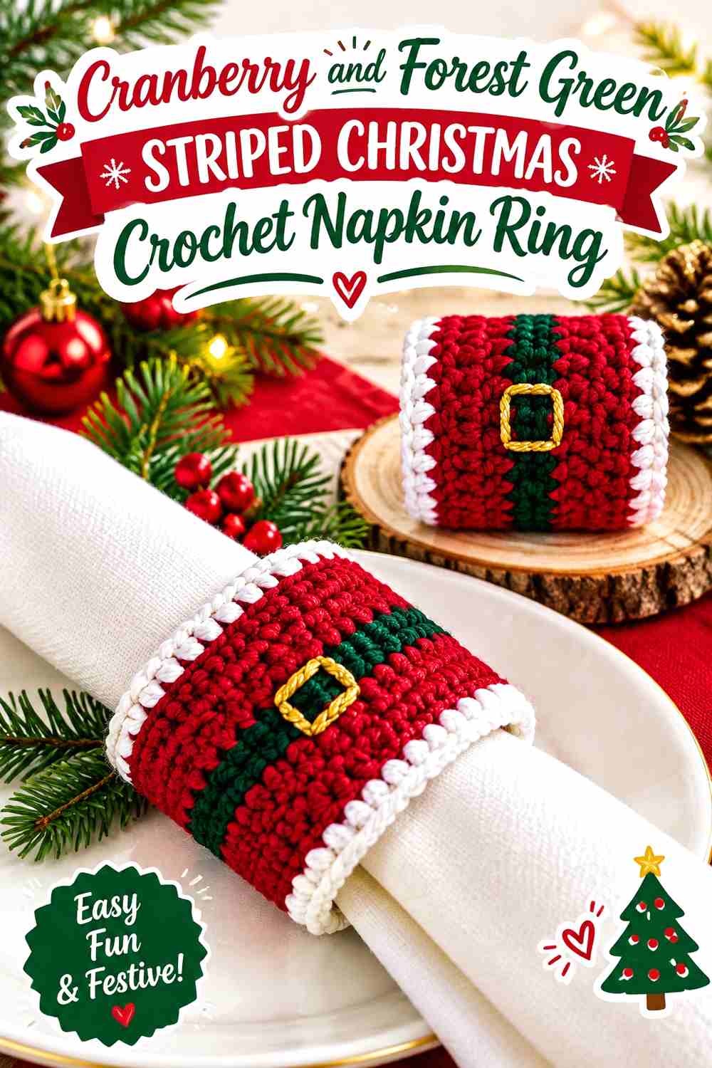9. Cranberry And Forest Green Striped Christmas Crochet Napkin Ring