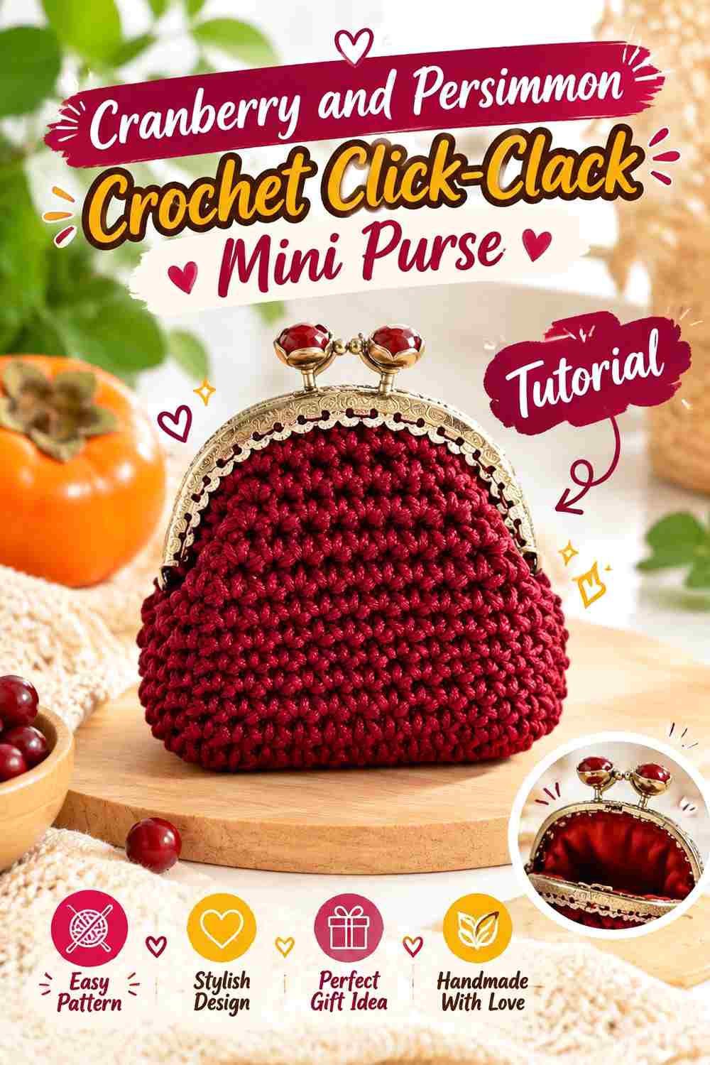 4. Cranberry And Persimmon Crochet Click Clack Mini Purse
