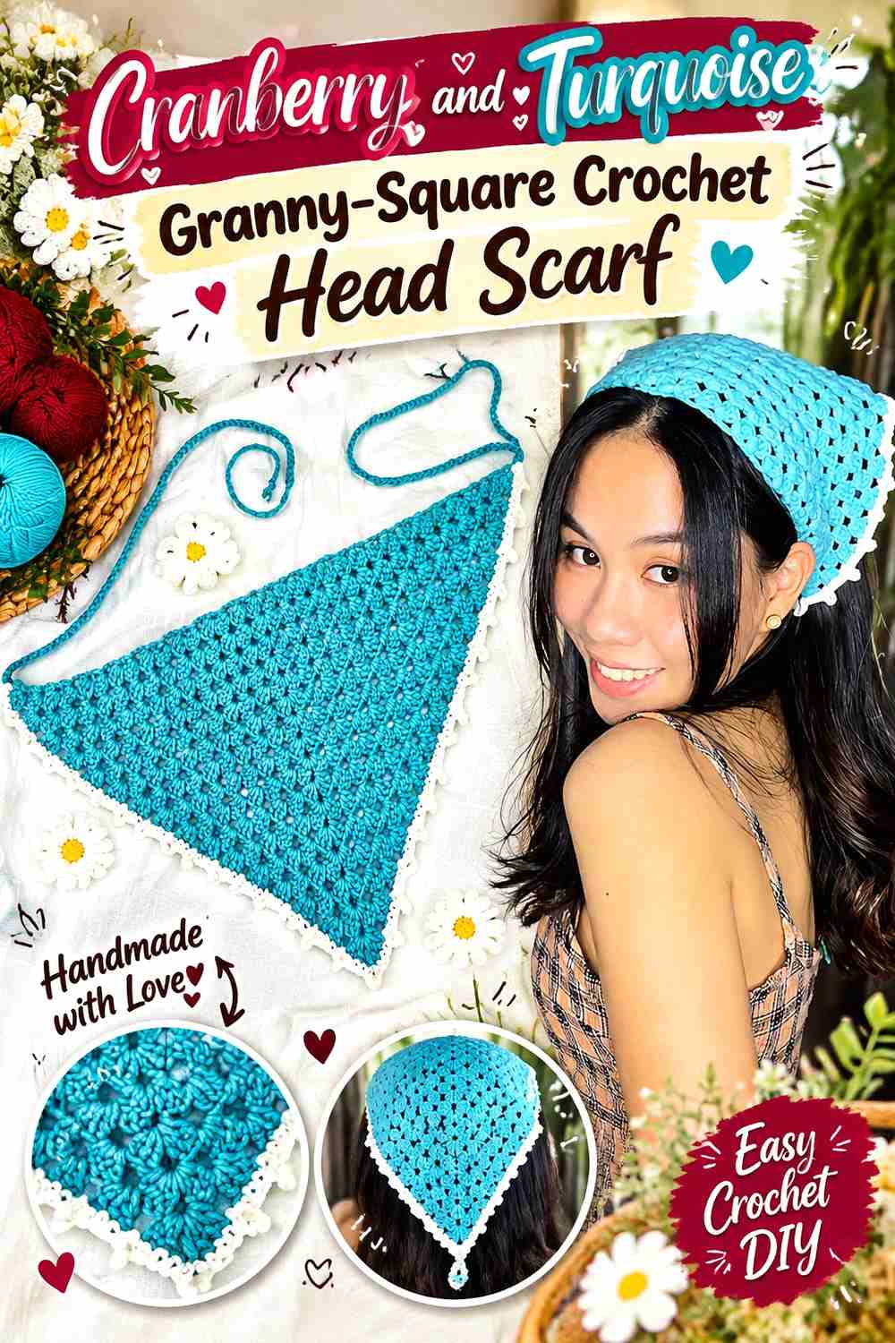 10. Cranberry And Turquoise Granny Square Crochet Head Scarf
