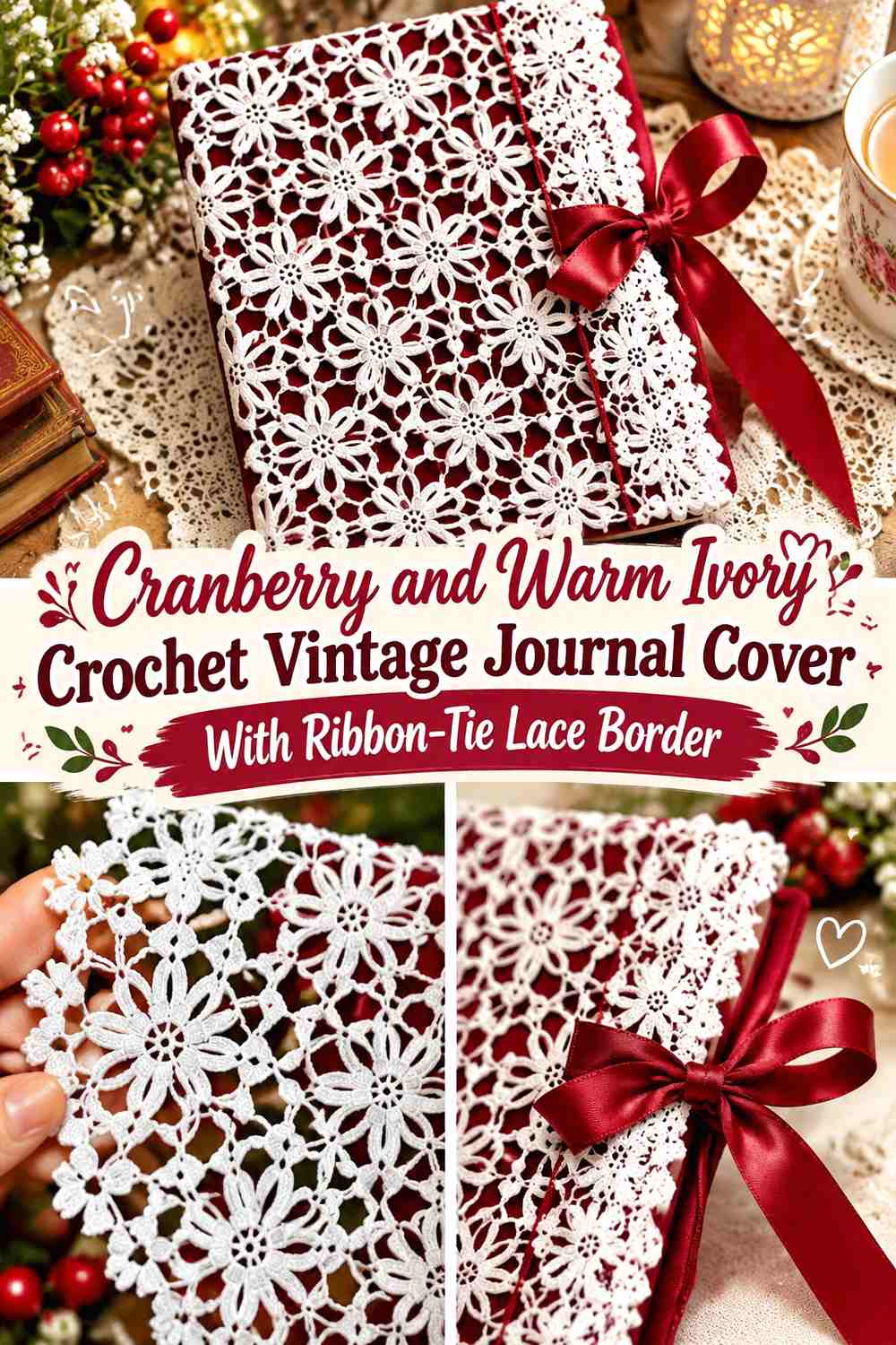 Cranberry and Warm Ivory Crochet Vintage Journal Cover With Ribbon-Tie Lace Border