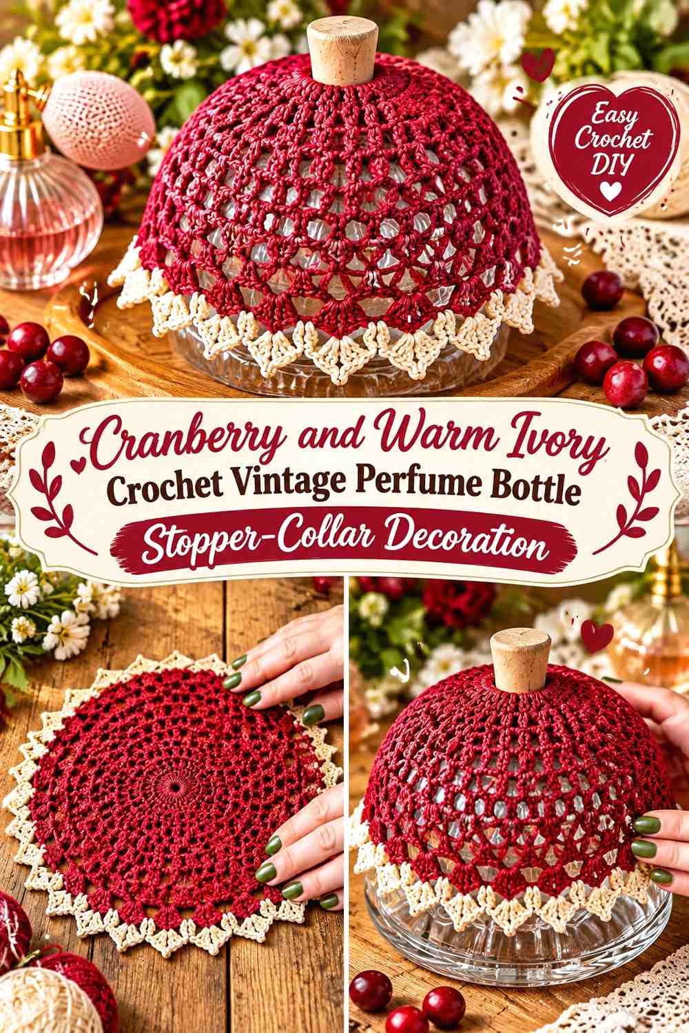 Cranberry and Warm Ivory Crochet Vintage Perfume Bottle Stopper-Collar Decoration