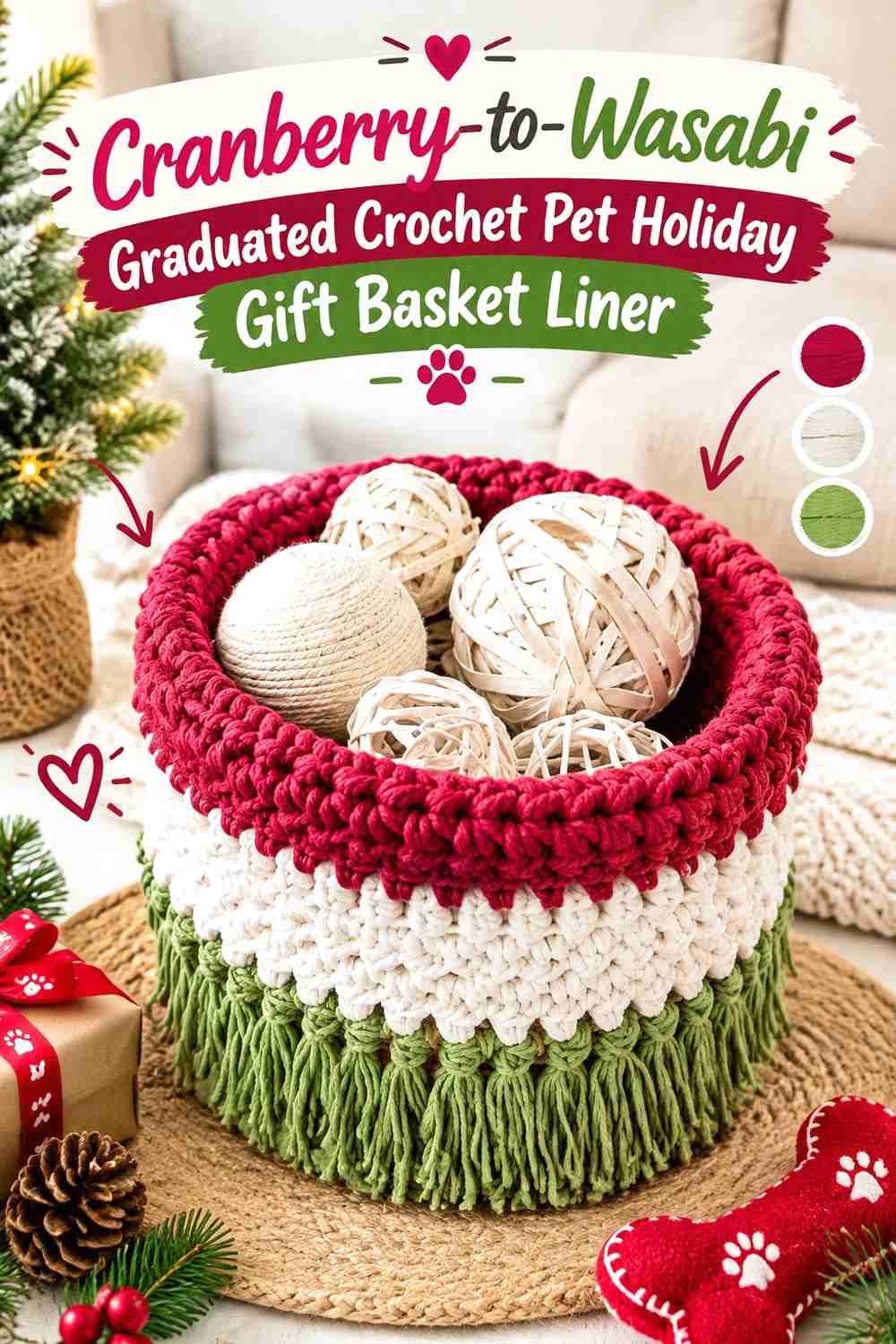 Cranberry-to-Wasabi Graduated Crochet Pet Holiday Gift Basket Liner