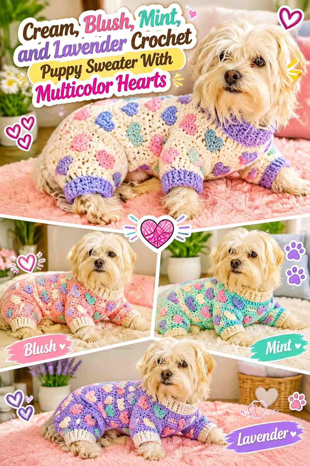 Cream, Blush, Mint, and Lavender Crochet Puppy Sweater With Multicolor Hearts