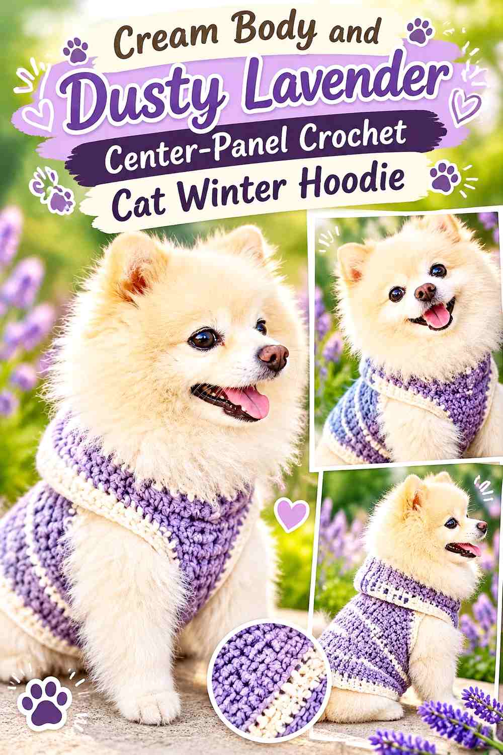 Cream Body and Dusty Lavender Center-Panel Crochet Cat Winter Hoodie