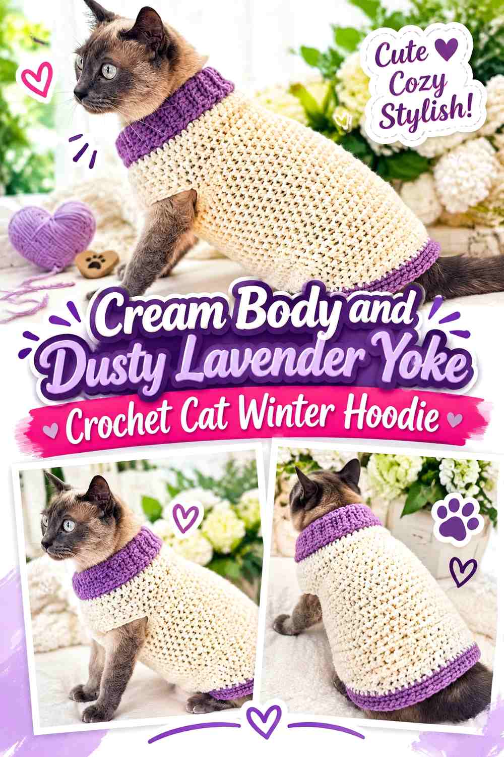 Cream Body and Dusty Lavender Yoke Crochet Cat Winter Hoodie