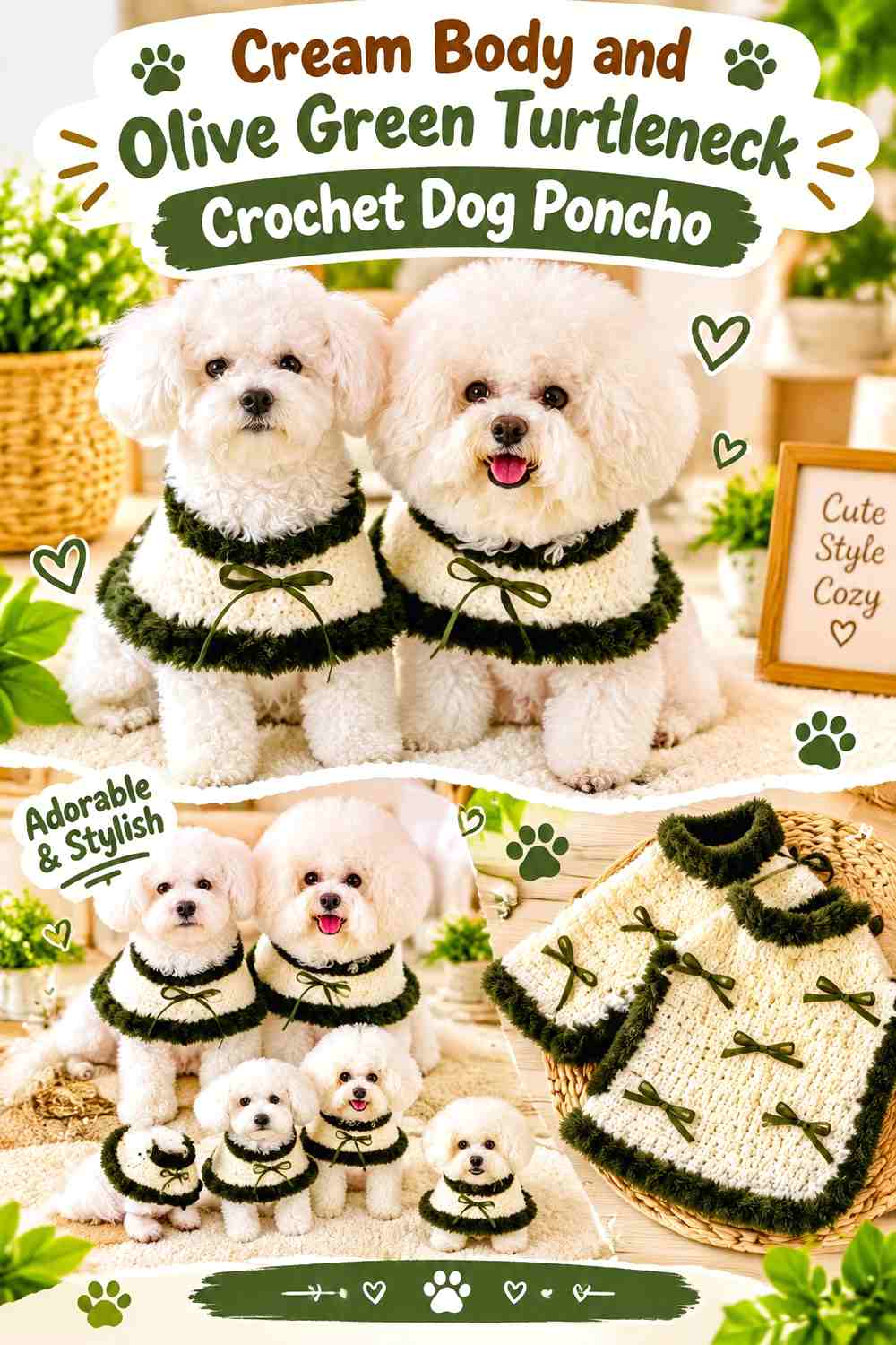 Cream Body and Olive Green Turtleneck Crochet Dog Poncho