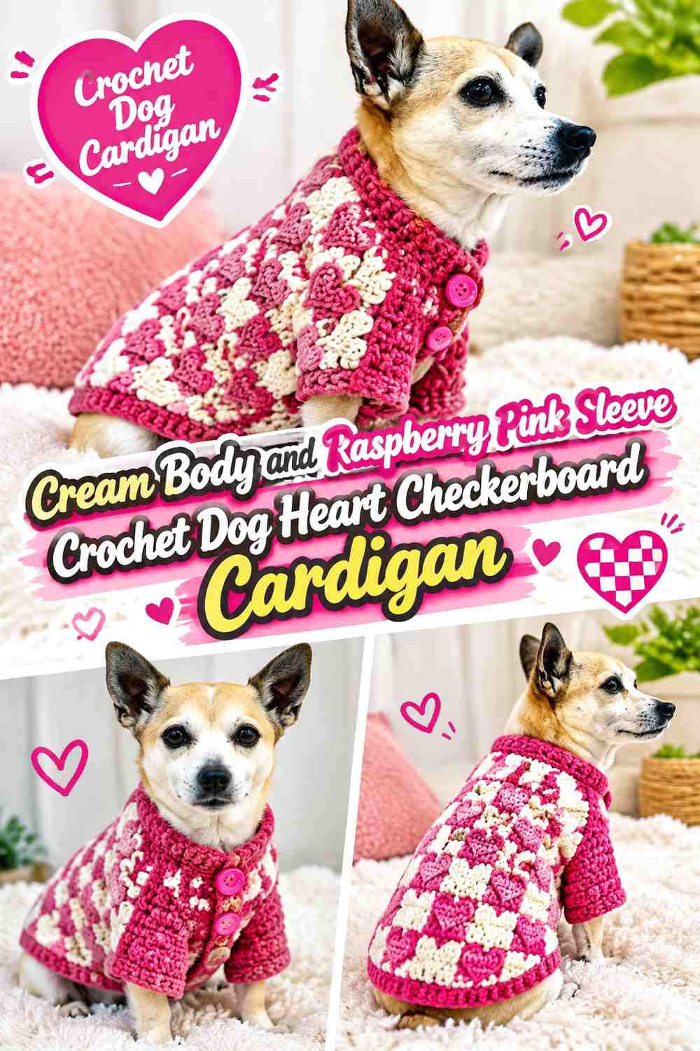 Cream Body and Raspberry Pink Sleeve Crochet Dog Heart Checkerboard Cardigan