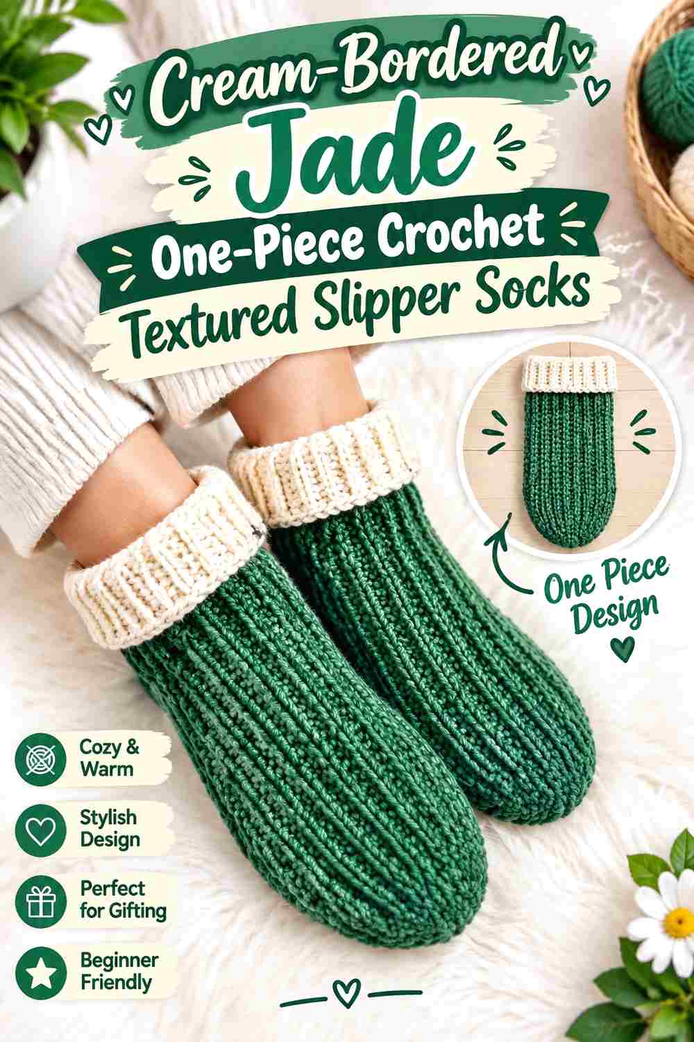 11. Cream Bordered Jade One Piece Crochet Textured Slipper Socks