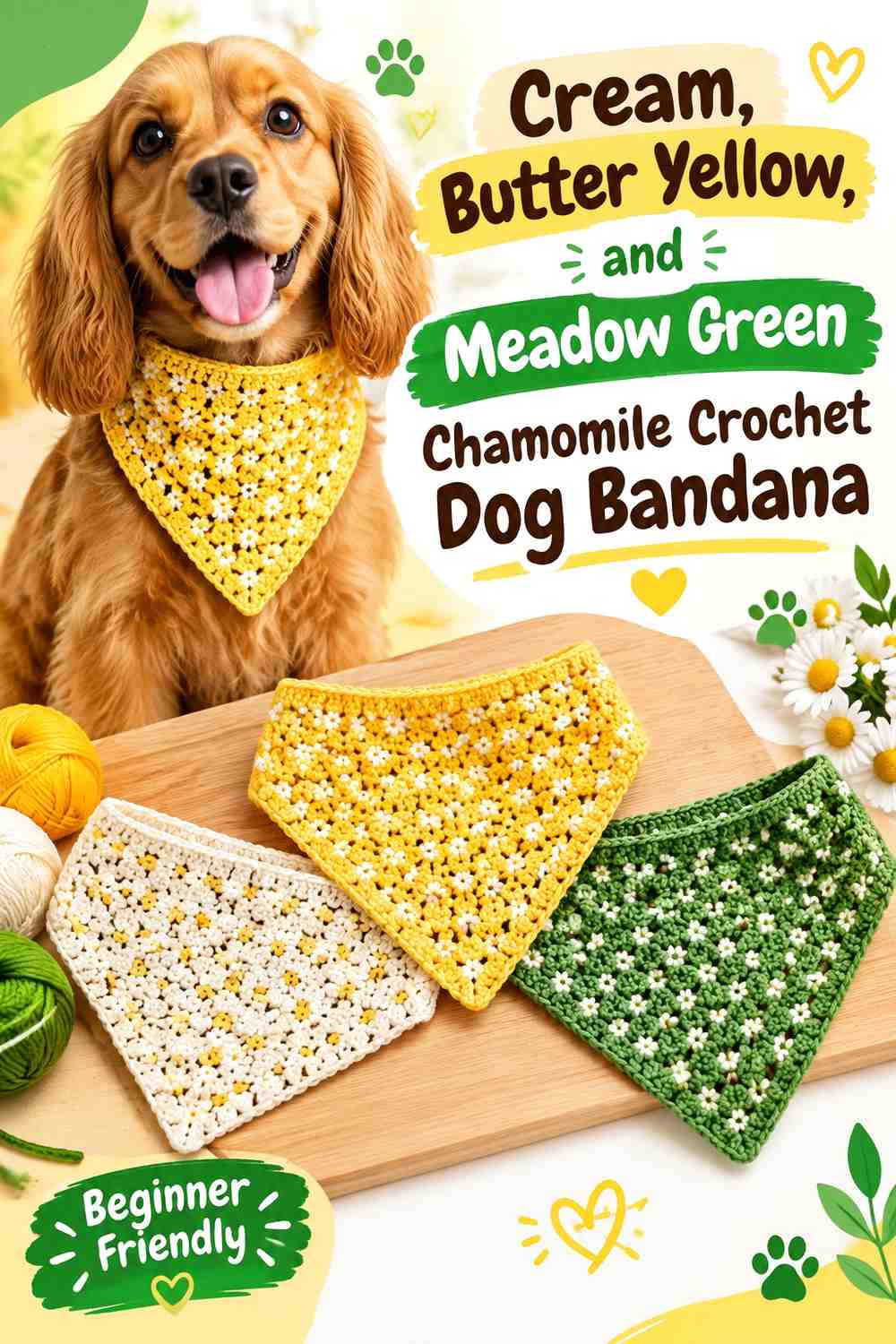 Cream, Butter Yellow, and Meadow Green Chamomile Crochet Dog Bandana