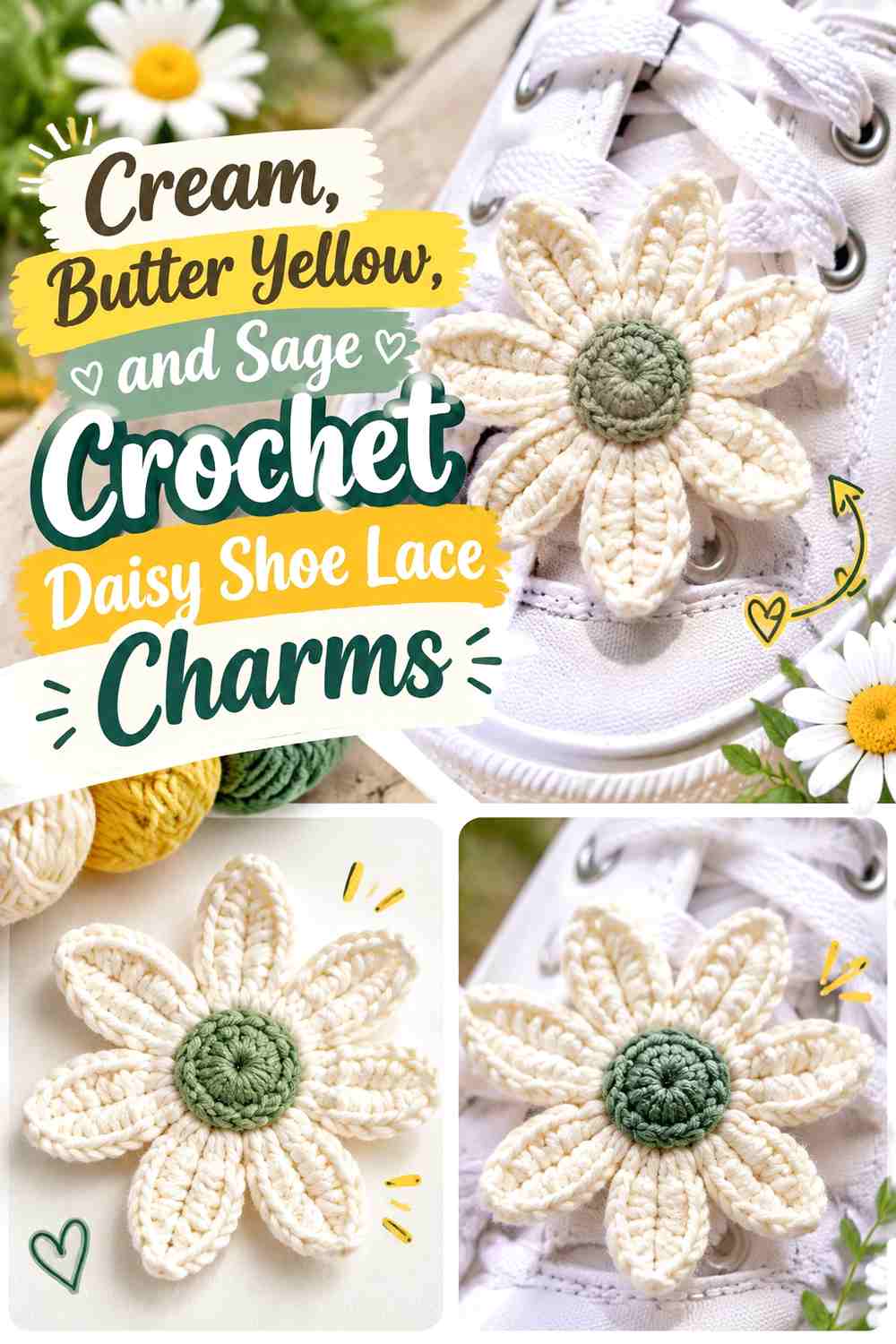 Cream, Butter Yellow, and Sage Crochet Daisy Shoe Lace Charms
