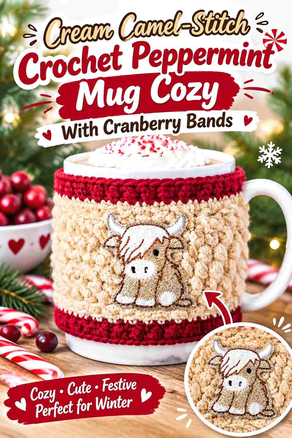 8. Cream Camel Stitch Crochet Peppermint Mug Cozy With Cranberry Bands
