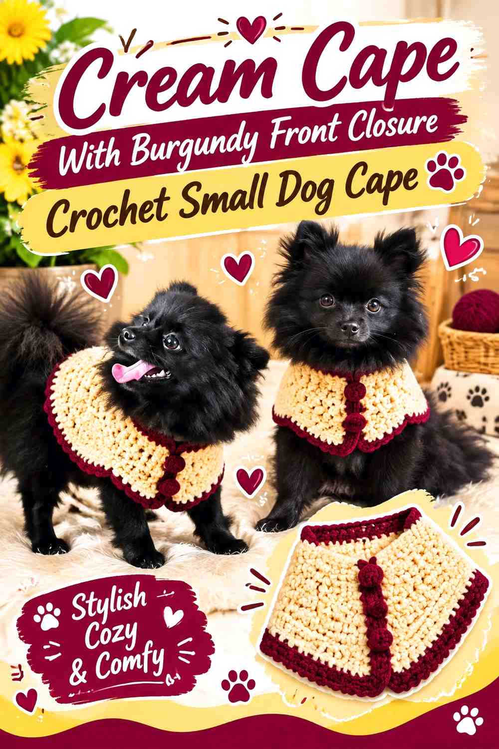 Cream Cape With Burgundy Front Closure Crochet Small Dog Cape
