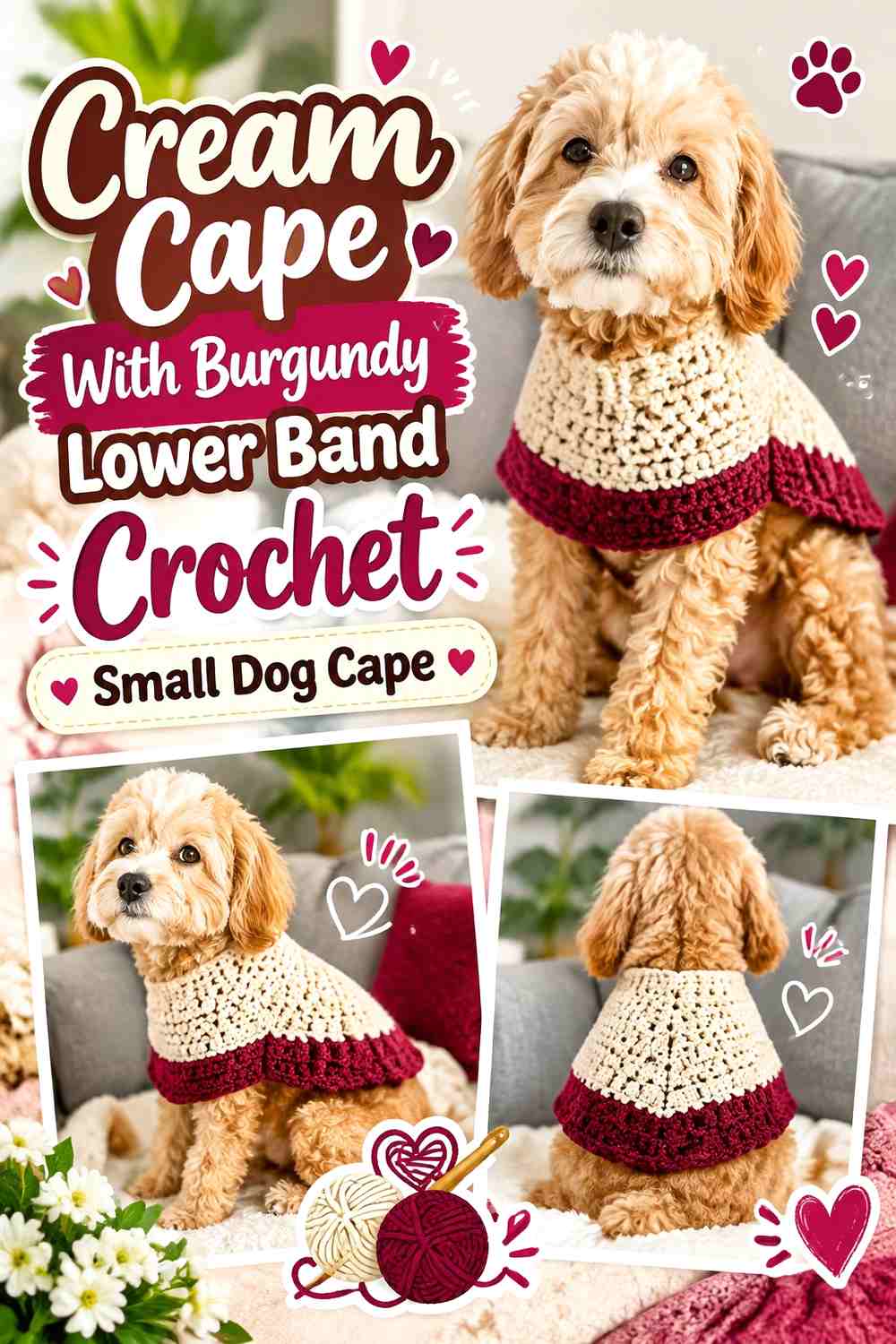 Cream Cape With Burgundy Lower Band Crochet Small Dog Cape