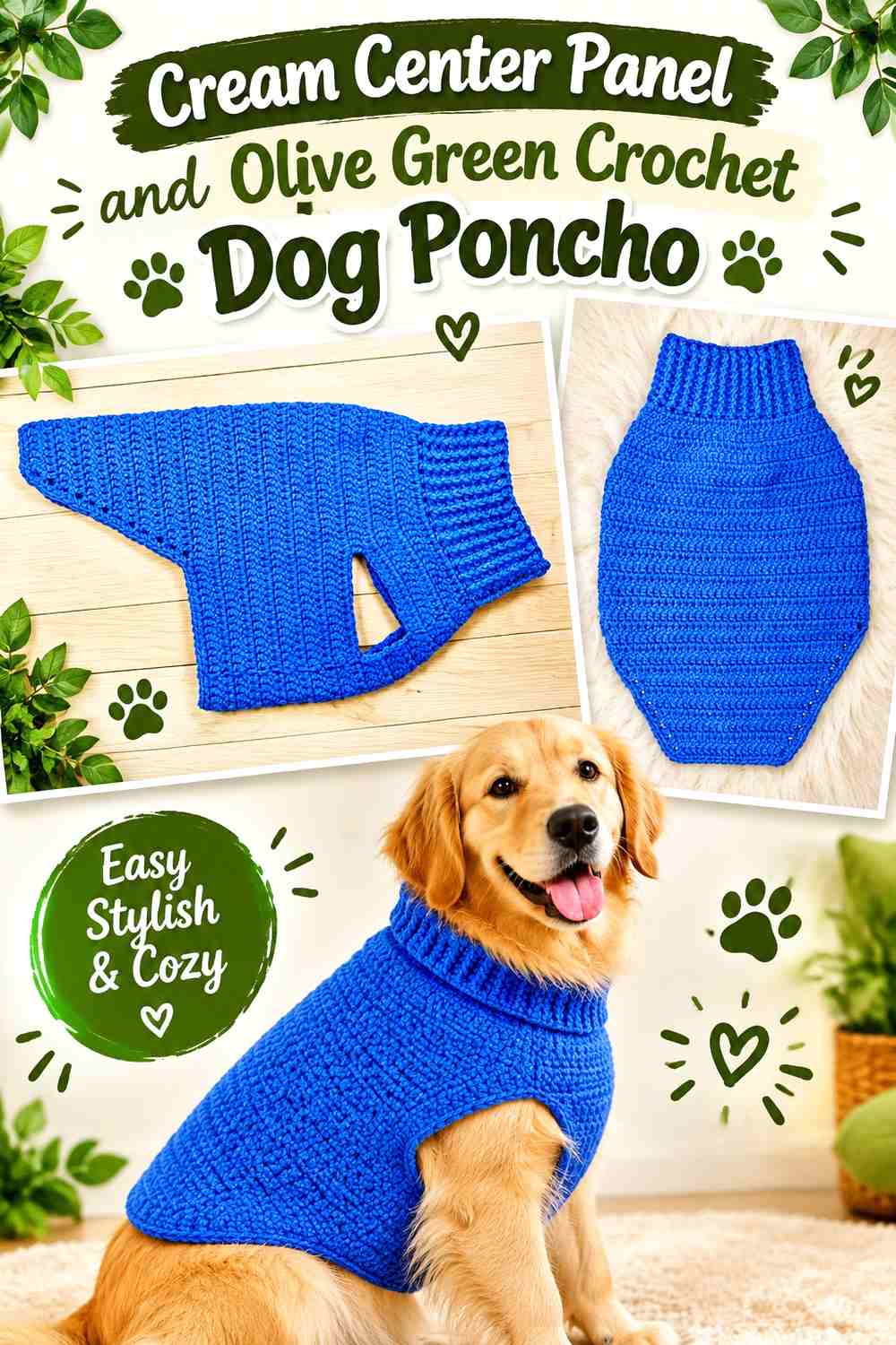 Cream Center Panel and Olive Green Crochet Dog Poncho