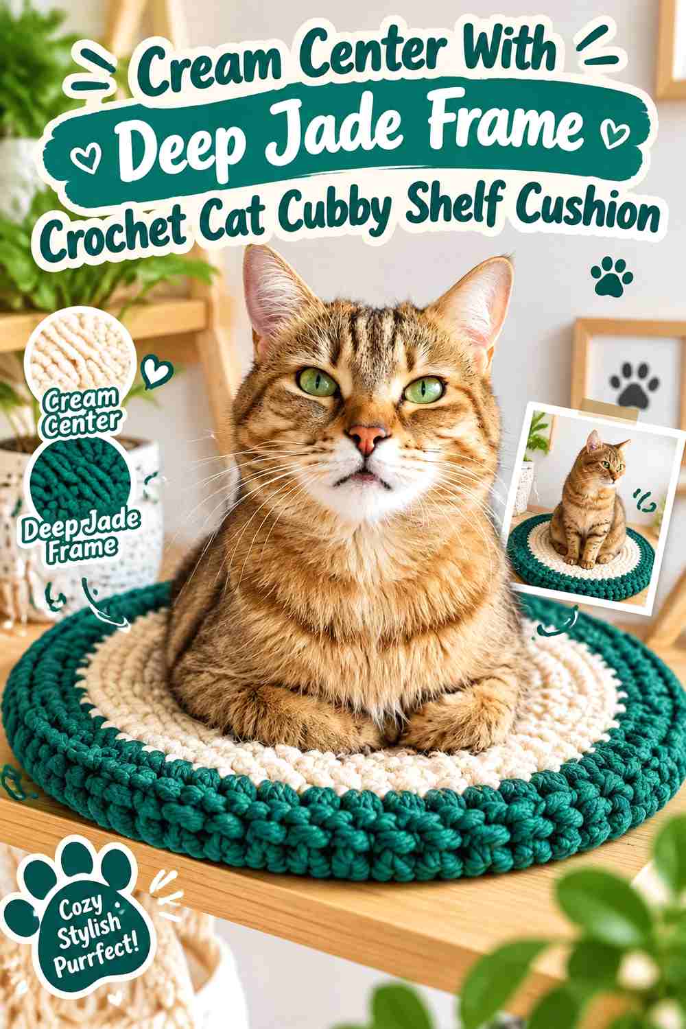 Cream Center With Deep Jade Frame Crochet Cat Cubby Shelf Cushion