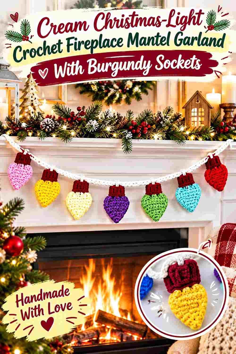 16. Cream Christmas Light Crochet Fireplace Mantel Garland With Burgundy Sockets
