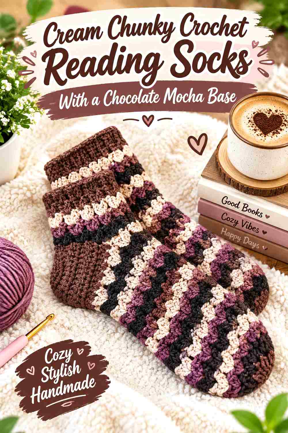 4. Cream Chunky Crochet Reading Socks With A Chocolate Mocha Base