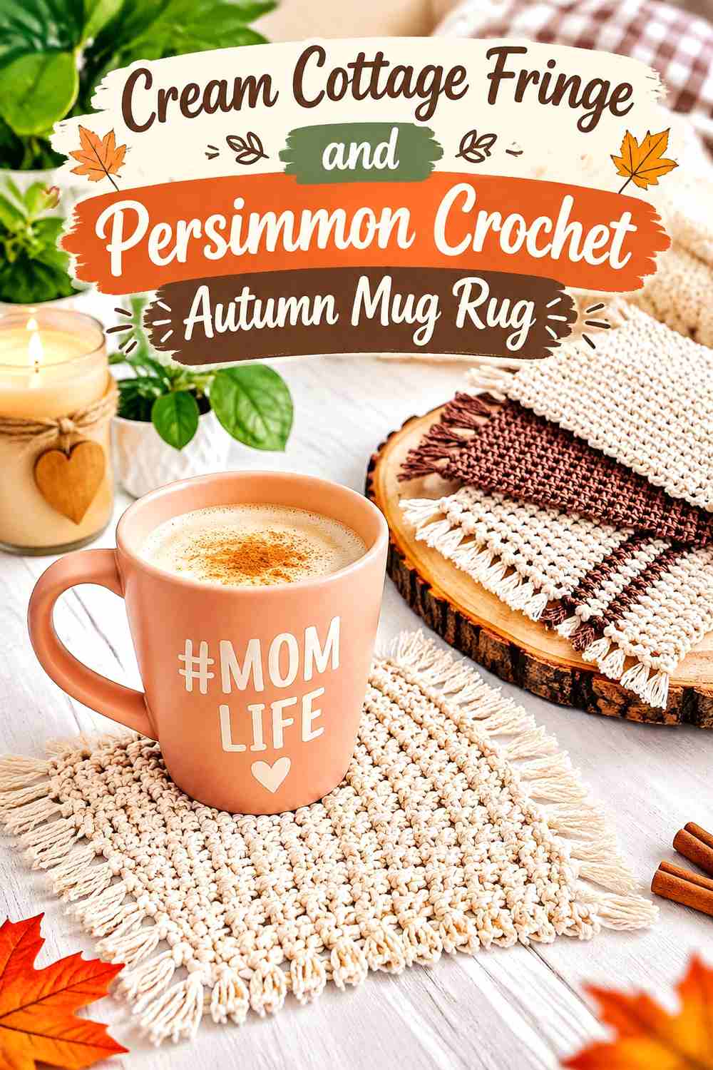 18. Cream Cottage Fringe And Persimmon Crochet Autumn Mug Rug