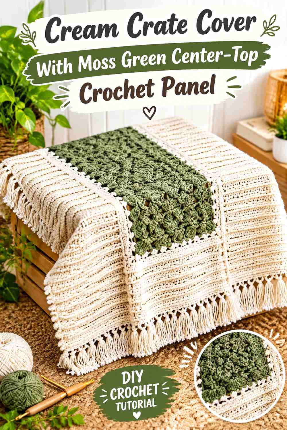 Cream Crate Cover With Moss Green Center-Top Crochet Panel