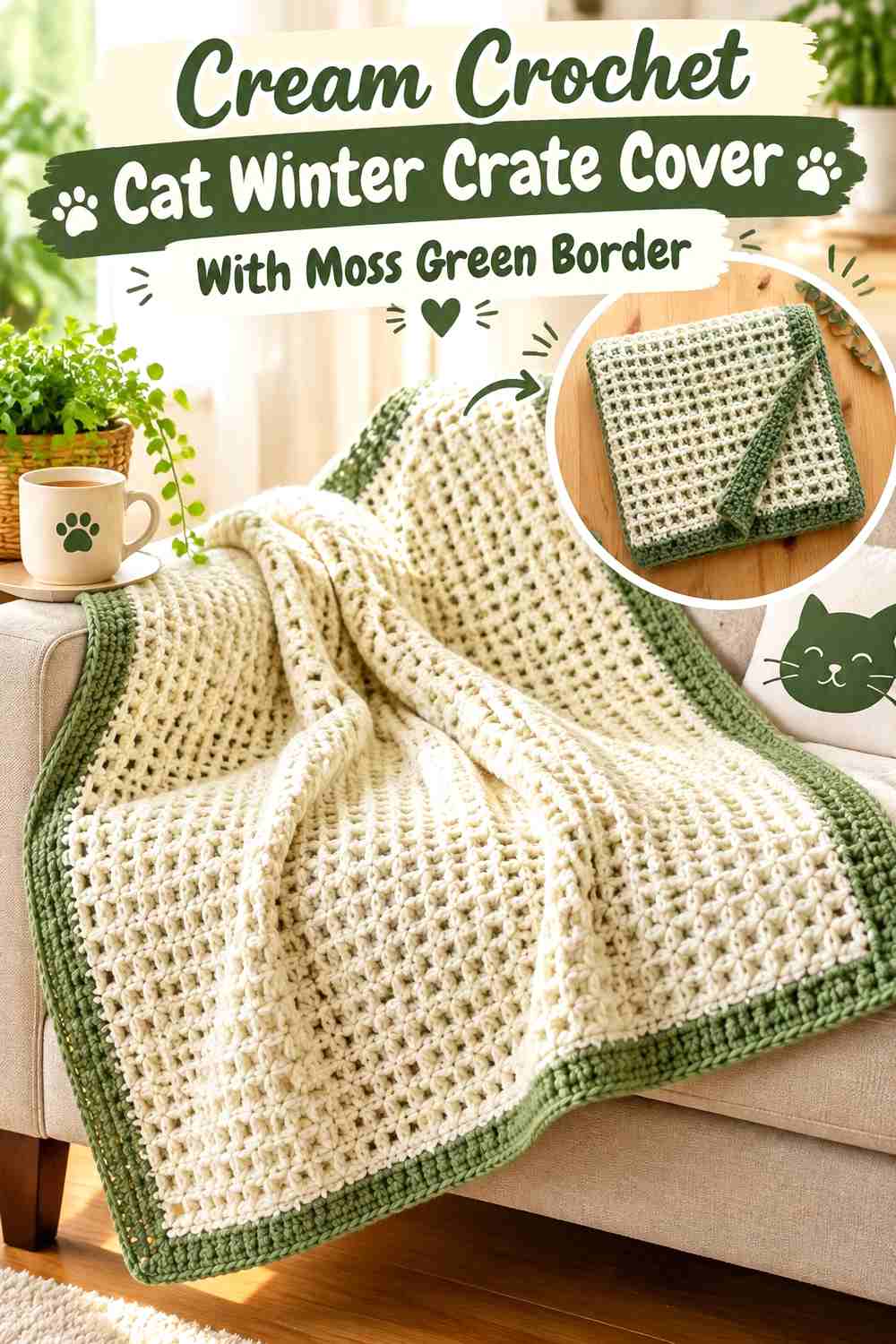 Cream Crochet Cat Winter Crate Cover With Moss Green Border