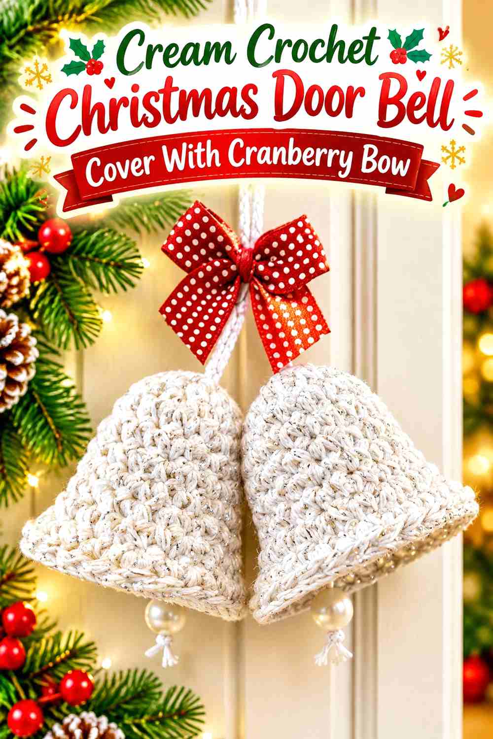 2. Cream Crochet Christmas Door Bell Cover With Cranberry Bow
