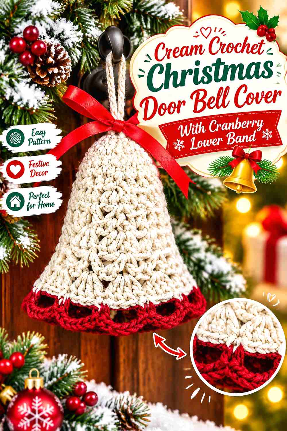 8. Cream Crochet Christmas Door Bell Cover With Cranberry Lower Band