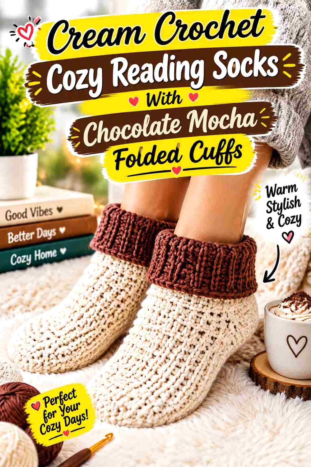 8. Cream Crochet Cozy Reading Socks With Chocolate Mocha Folded Cuffs