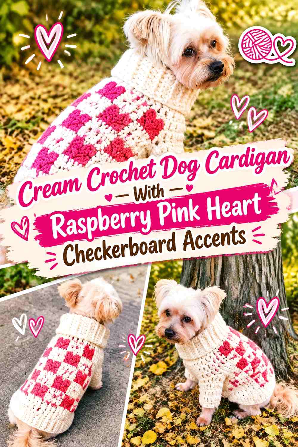 Cream Crochet Dog Cardigan With Raspberry Pink Heart Checkerboard Accents