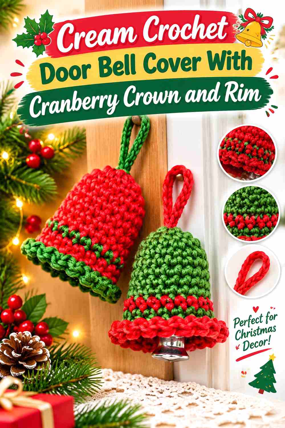 11. Cream Crochet Door Bell Cover With Cranberry Crown And Rim