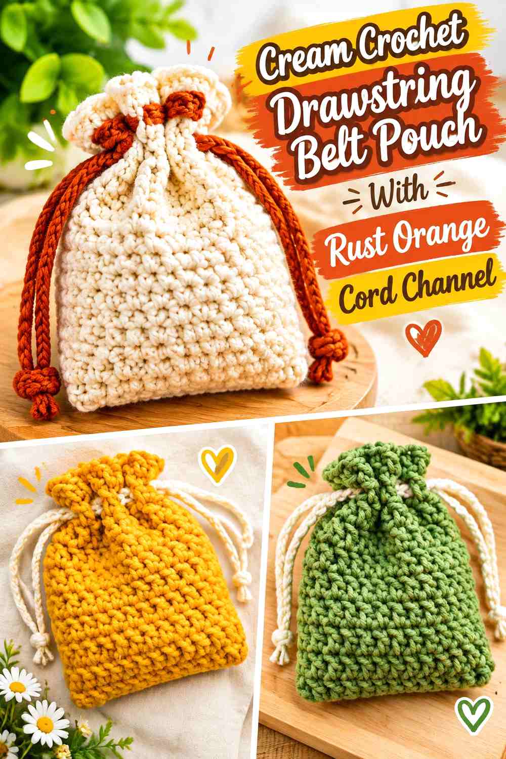 Cream Crochet Drawstring Belt Pouch With Rust Orange Cord Channel