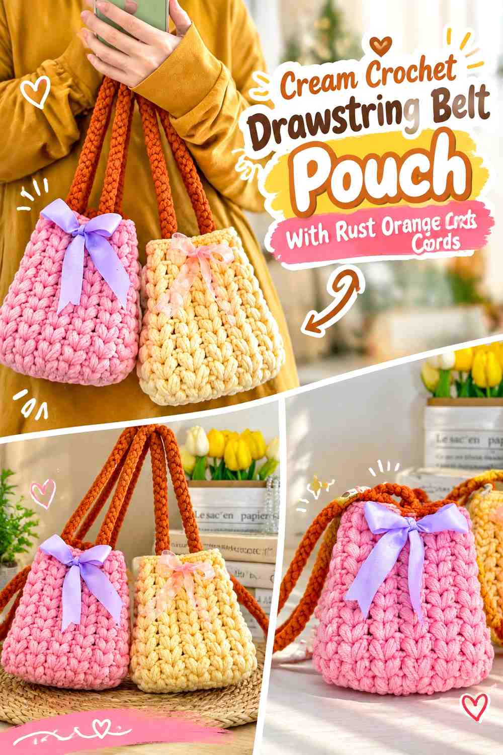 Cream Crochet Drawstring Belt Pouch With Rust Orange Cords